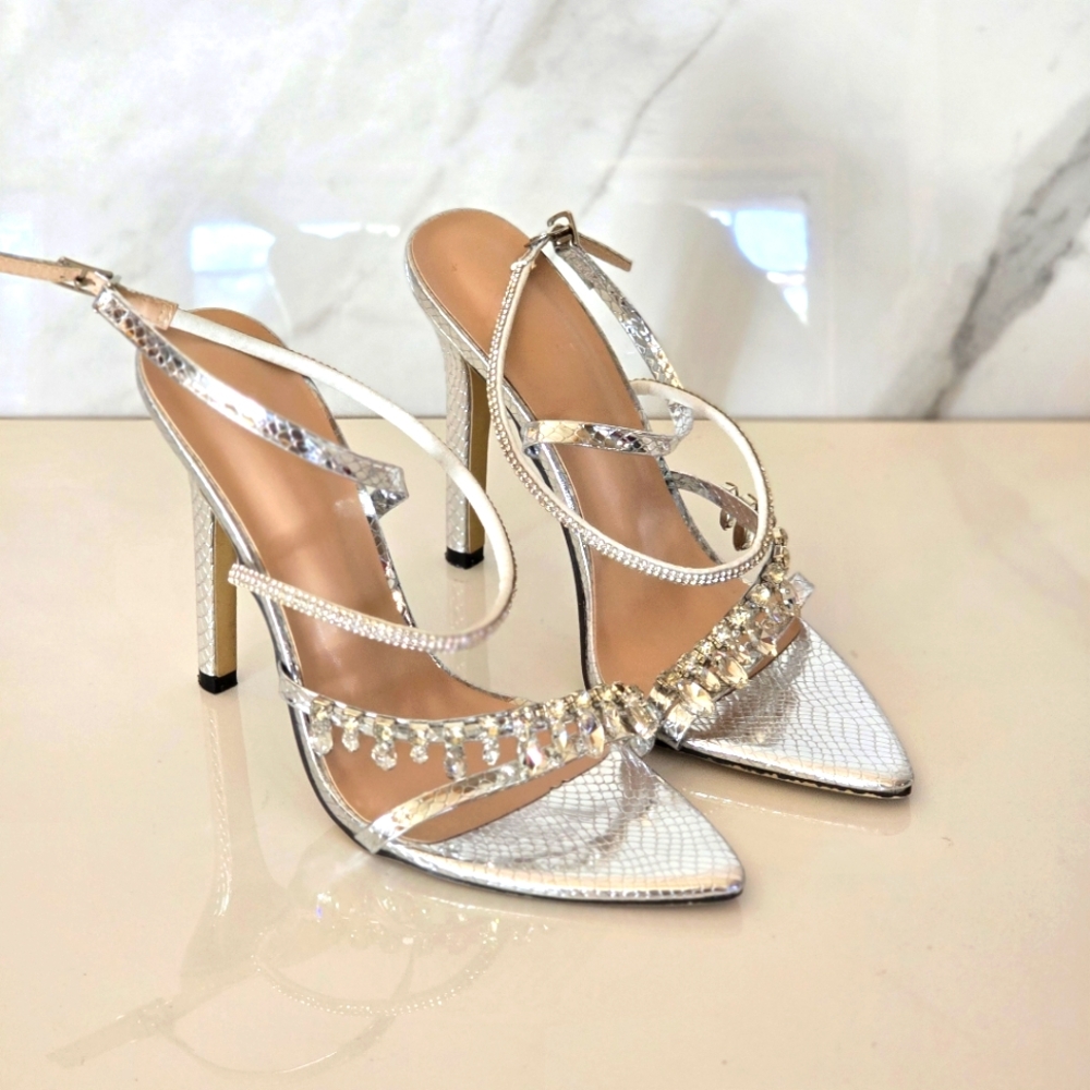Silver Strappy Rhinestone embelished Heels size 38
